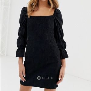 Bershka square neck shirred dress in black
